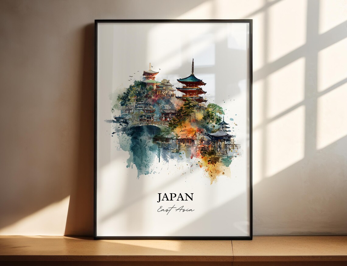 Japan East Asia Red Pagoda Temple Complex Watercolor Travel Poster
