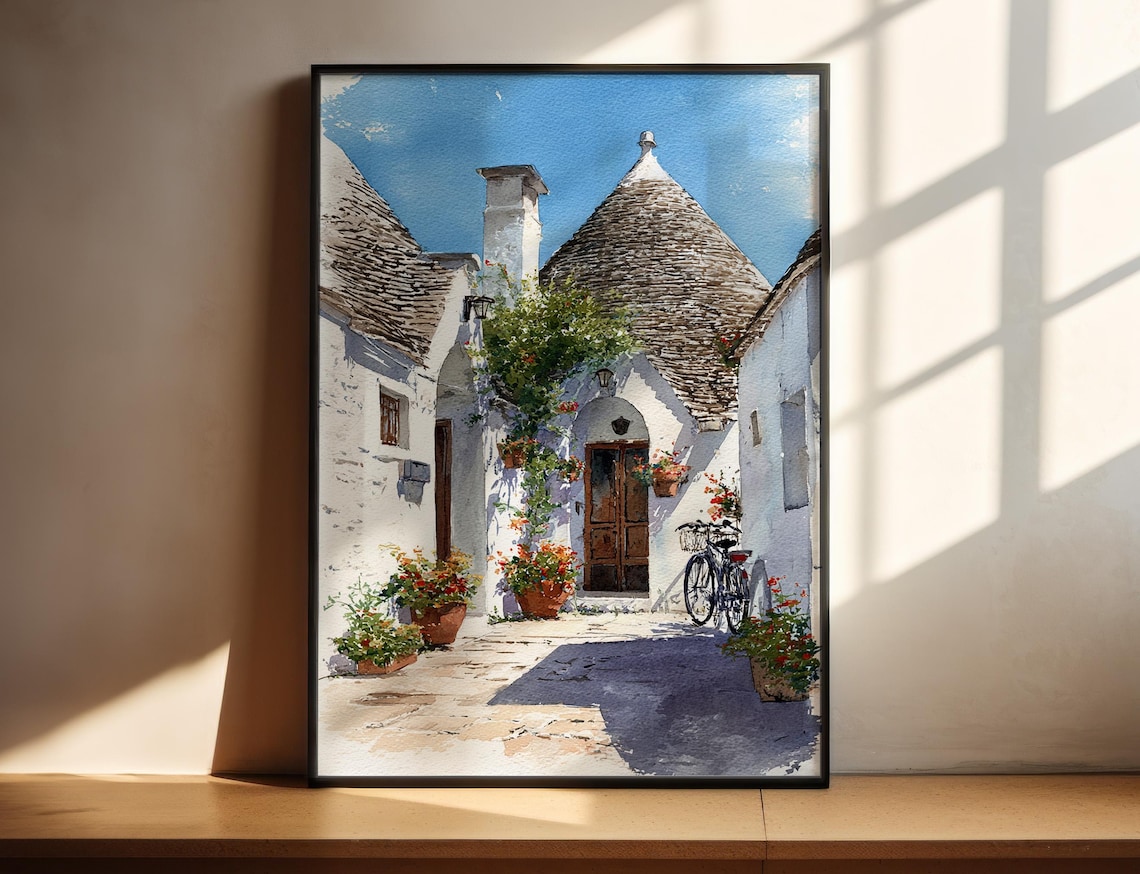 Alberobello Italy Watercolor Trulli Houses Puglia Street Travel Poster
