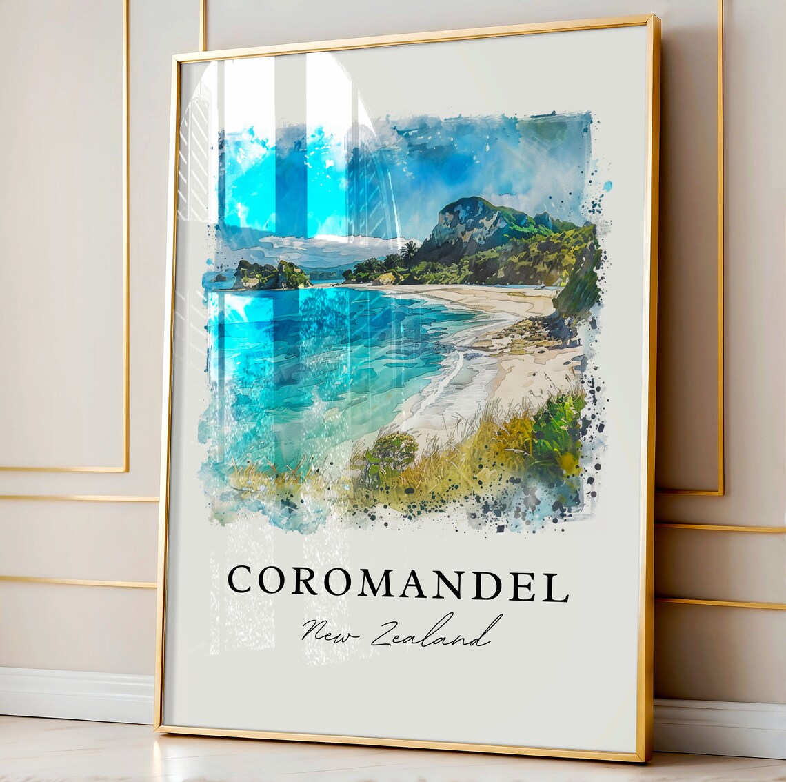 Coromandel New Zealand Turquoise Beach Watercolor Coastal Poster - Image 3
