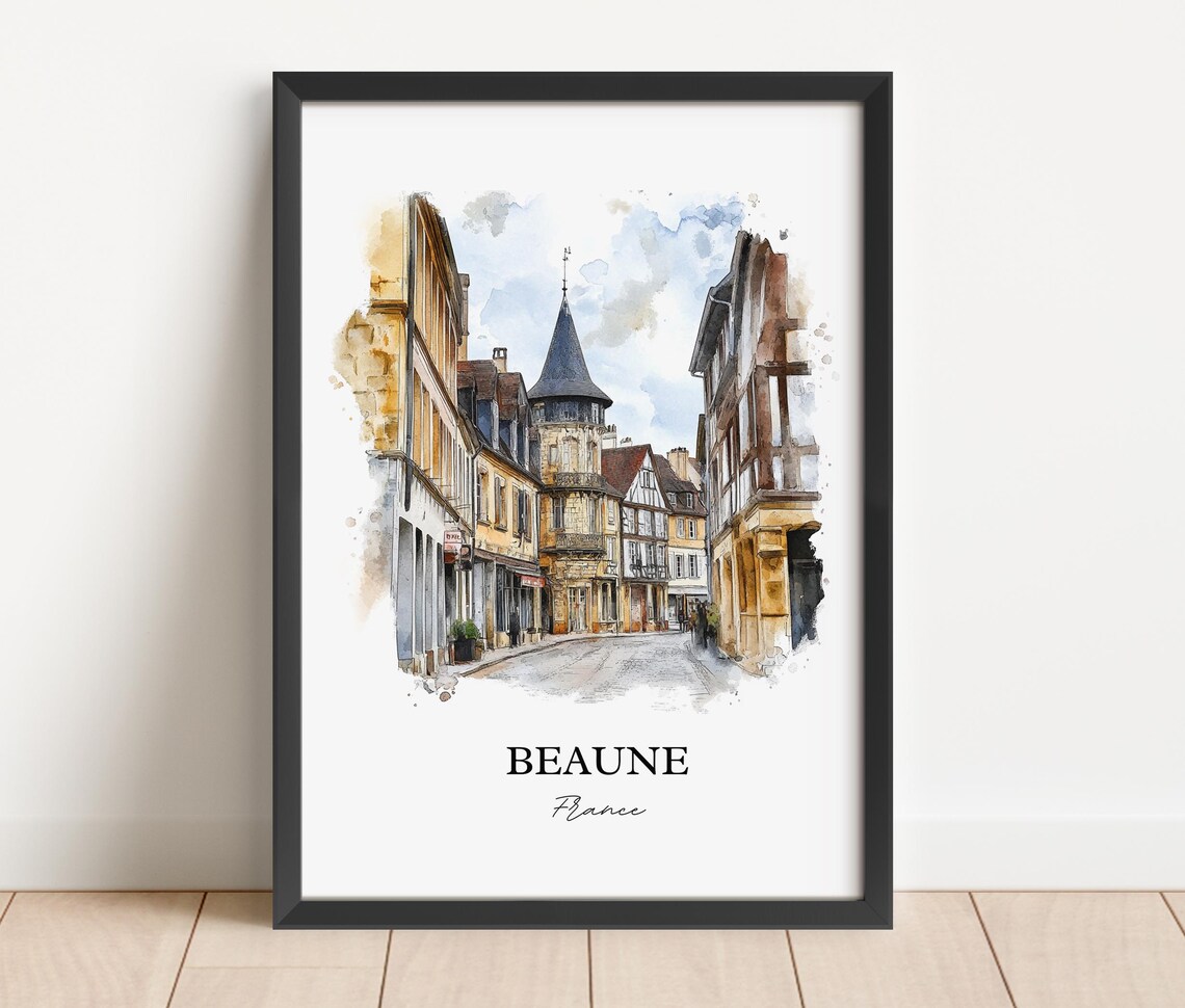 Beaune France Medieval Timber Street Watercolor Travel Poster - Image 2