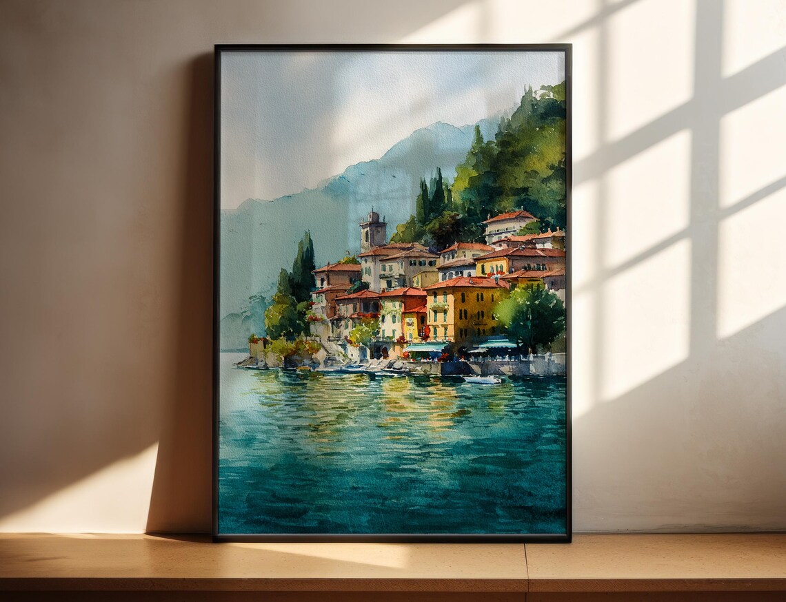 Italian Lake Village Colorful Houses Bright Watercolor Art Poster