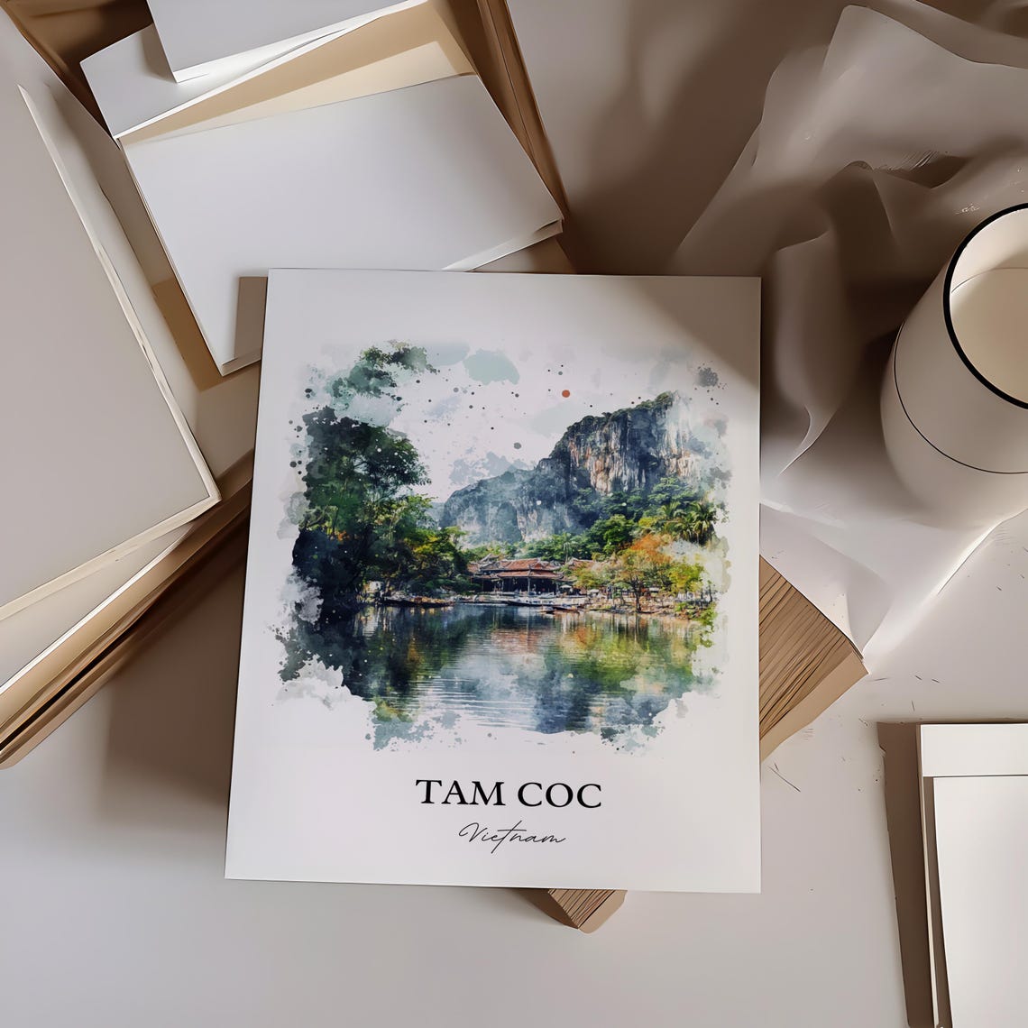 Tam Coc Vietnam Watercolor Karst River Boats Landscape Art Poster - Image 5