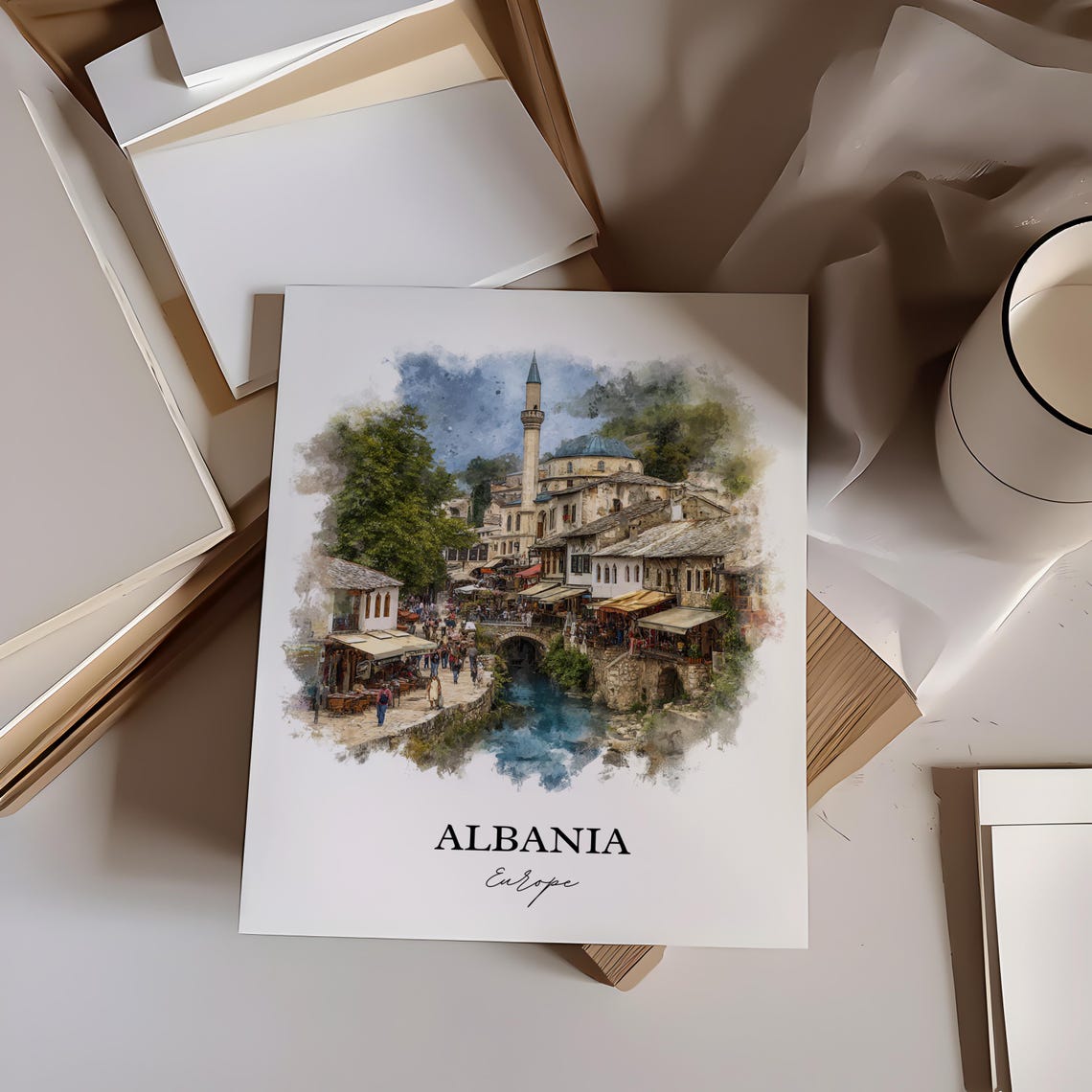 Albania Old Town Minaret Riverside Watercolor Travel Art Poster - Image 3