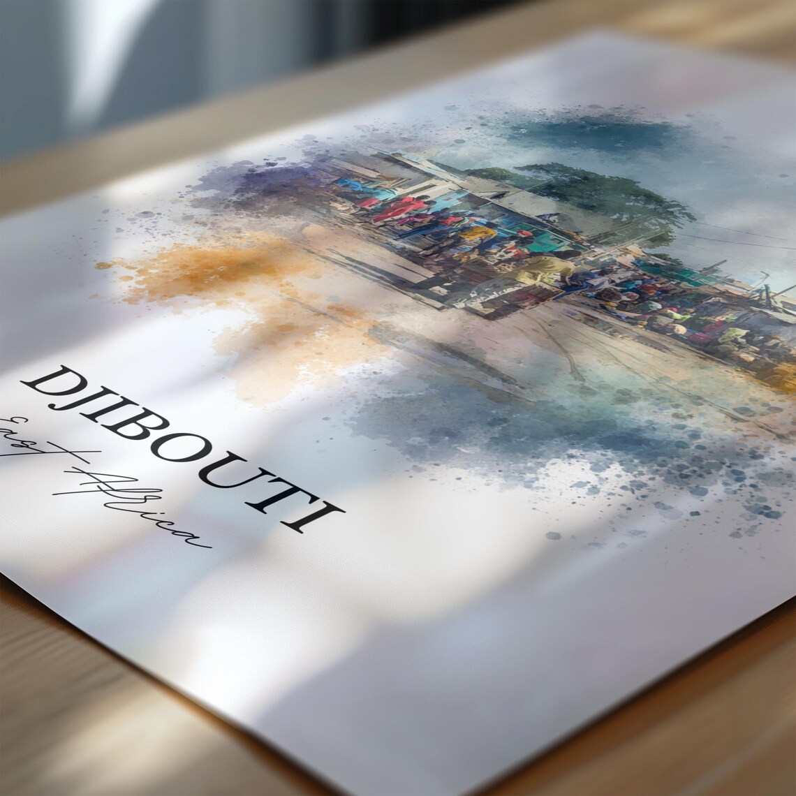 Djibouti East Africa Bustling Market Street Watercolor Travel Poster - Image 6