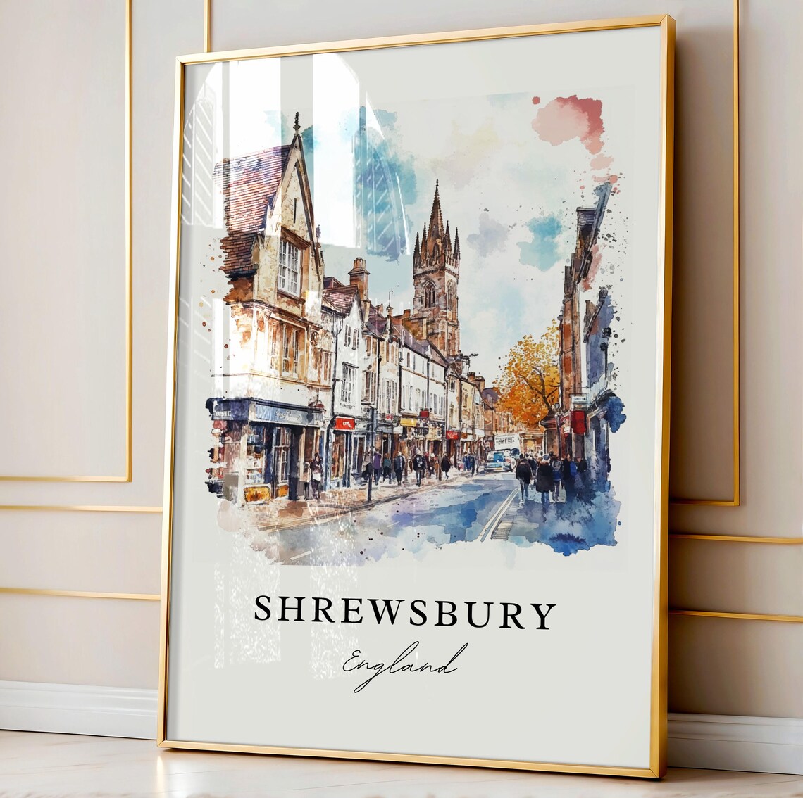 Shrewsbury England Historic High Street Watercolor Travel Poster - Image 4