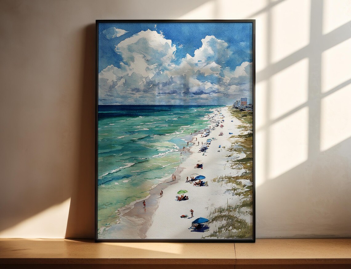 Pensacola Beach Florida Watercolor White Sand Shore Poster Art