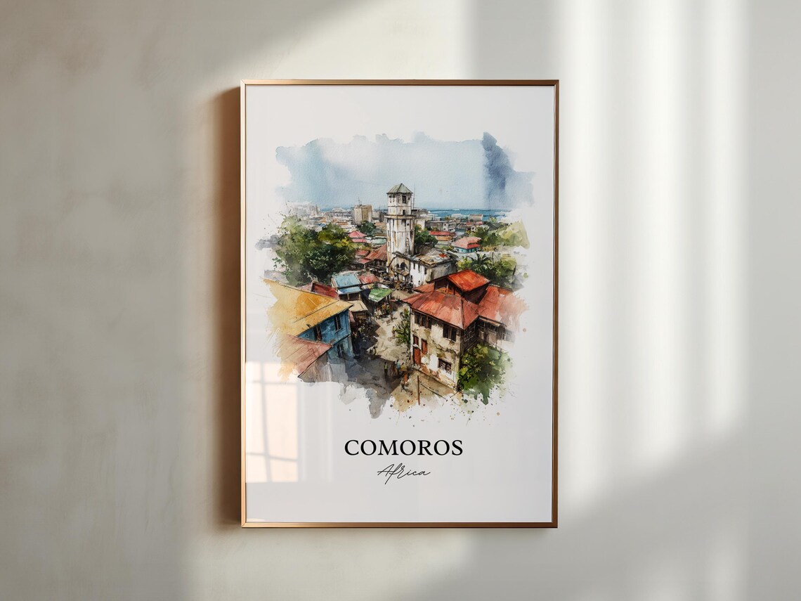 Comoros Africa Old Island Town Red Roofs Watercolor Travel Poster - Image 4