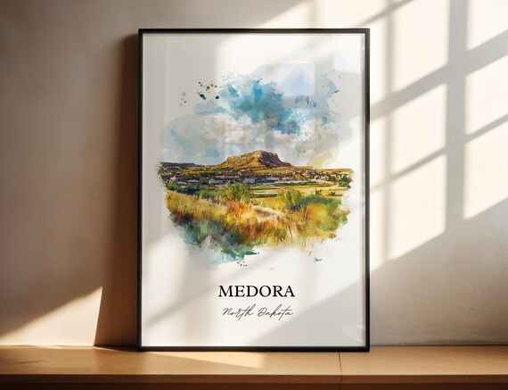 Medora North Dakota Watercolor Badlands Butte Town View Poster