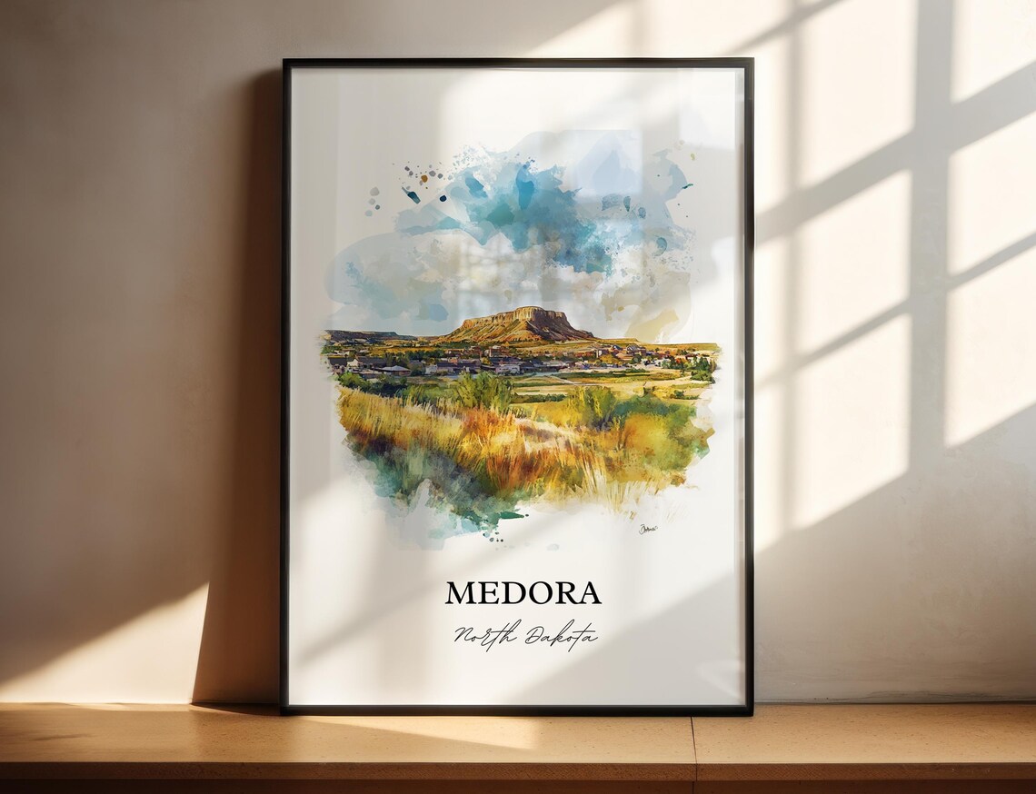 Medora North Dakota Watercolor Badlands Butte Town View Poster