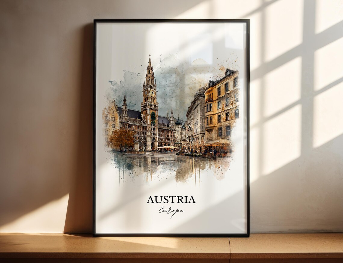 Austria Historic Town Hall Plaza Watercolor Europe Travel Poster