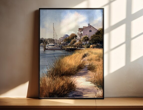 Marsh Harbor Watercolor Poster Sailboats Waterfront Homes Golden Grass Artwork