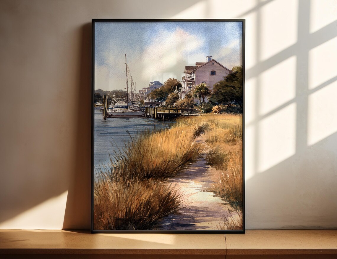 Marsh Harbor Watercolor Poster Sailboats Waterfront Homes Golden Grass Artwork