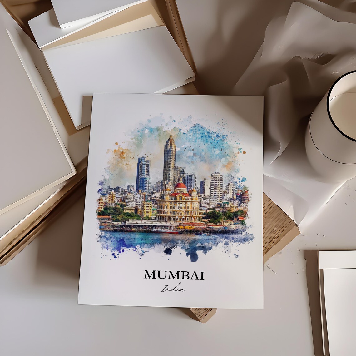 Mumbai India Watercolor Skyline Colonial Towers Bay Art Poster - Image 5