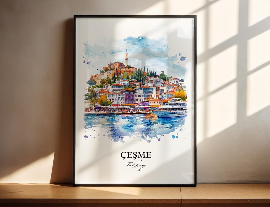 Cesme Turkey Watercolor Old Harbor Castle Coastal Travel Poster