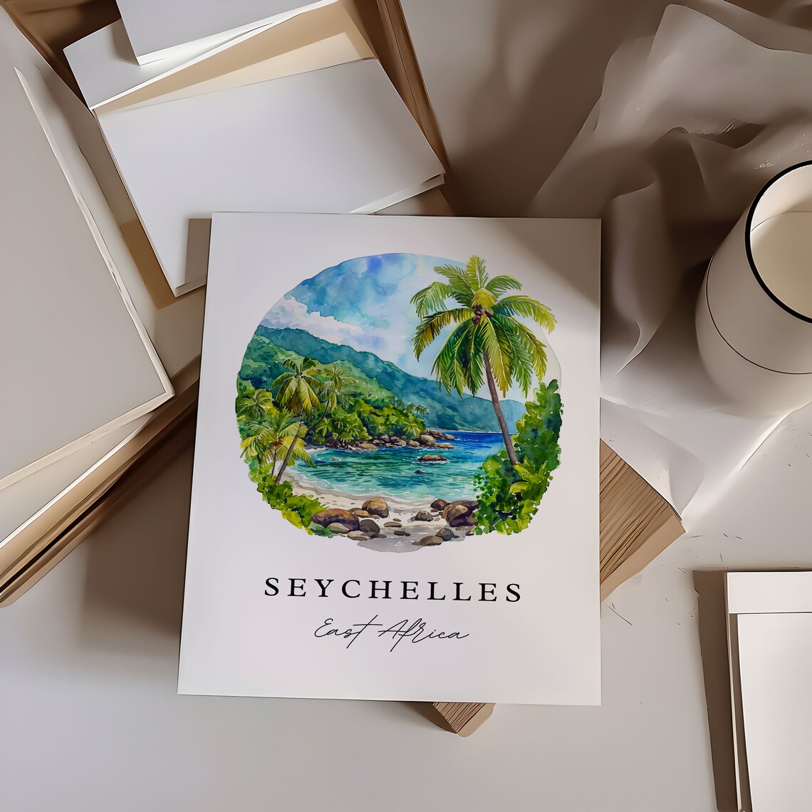 Seychelles East Africa Tropical Beach Palms Watercolor Poster - Image 6