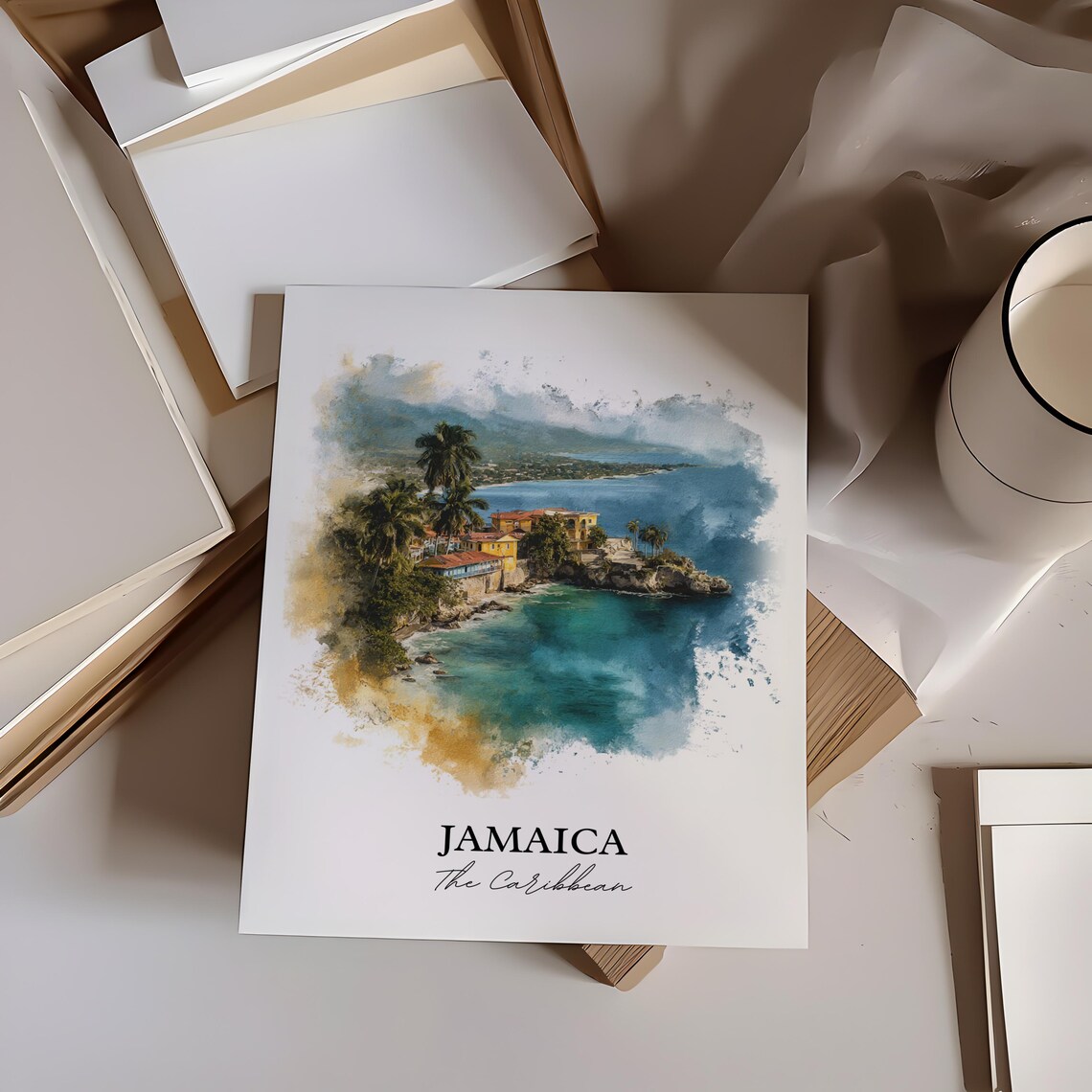Jamaica Caribbean Tropical Coastline Cliffside Watercolor Poster - Image 4