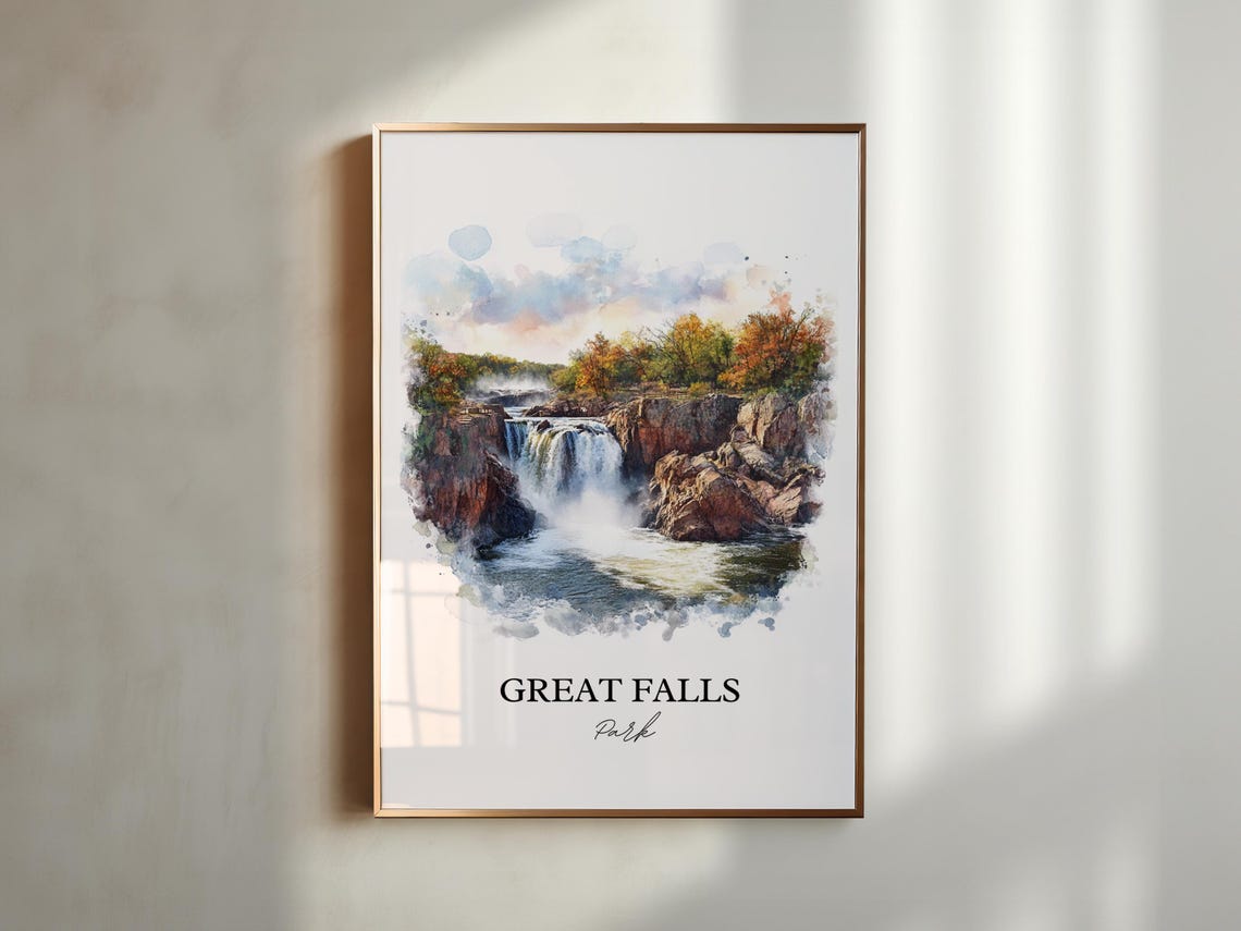 Great Falls Park Watercolor Waterfall Rocky Gorge Autumn Trees Poster - Image 4