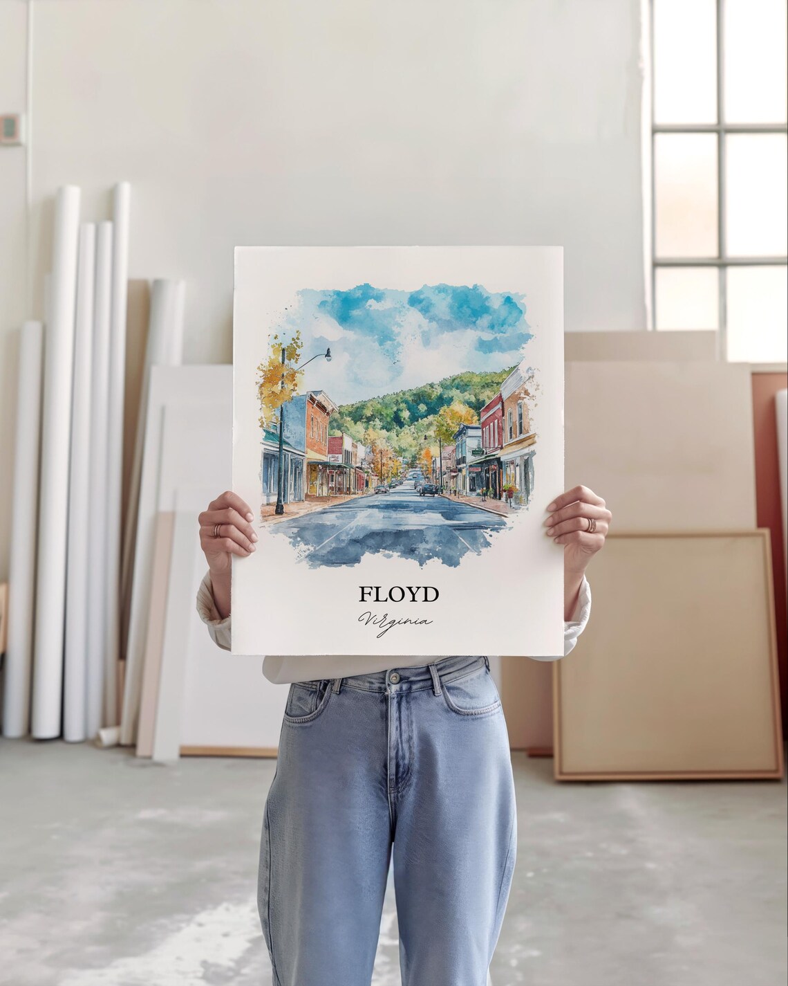 Floyd Virginia Main Street Mountain Backdrop Watercolor Travel Poster - Image 5
