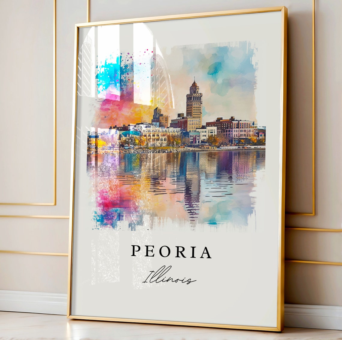 Peoria Illinois Riverfront Sunset Skyline Watercolor Travel Poster - Image 4