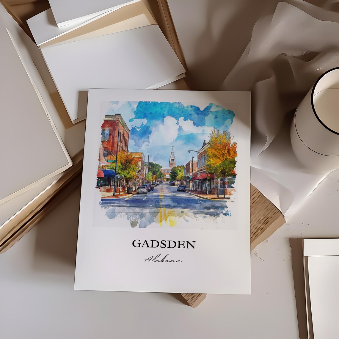 Gadsden Alabama Historic Main Street Autumn Watercolor Travel Poster - Image 2