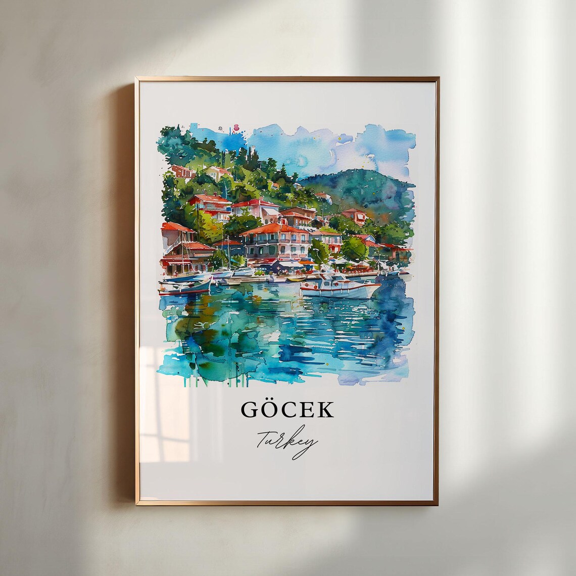 Gocek Turkey Watercolor Harbor Boats Hillside Village Poster