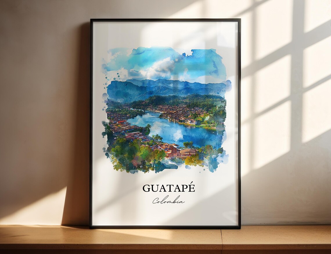 Guatape Colombia Watercolor Aerial Lake Town View Scene Poster