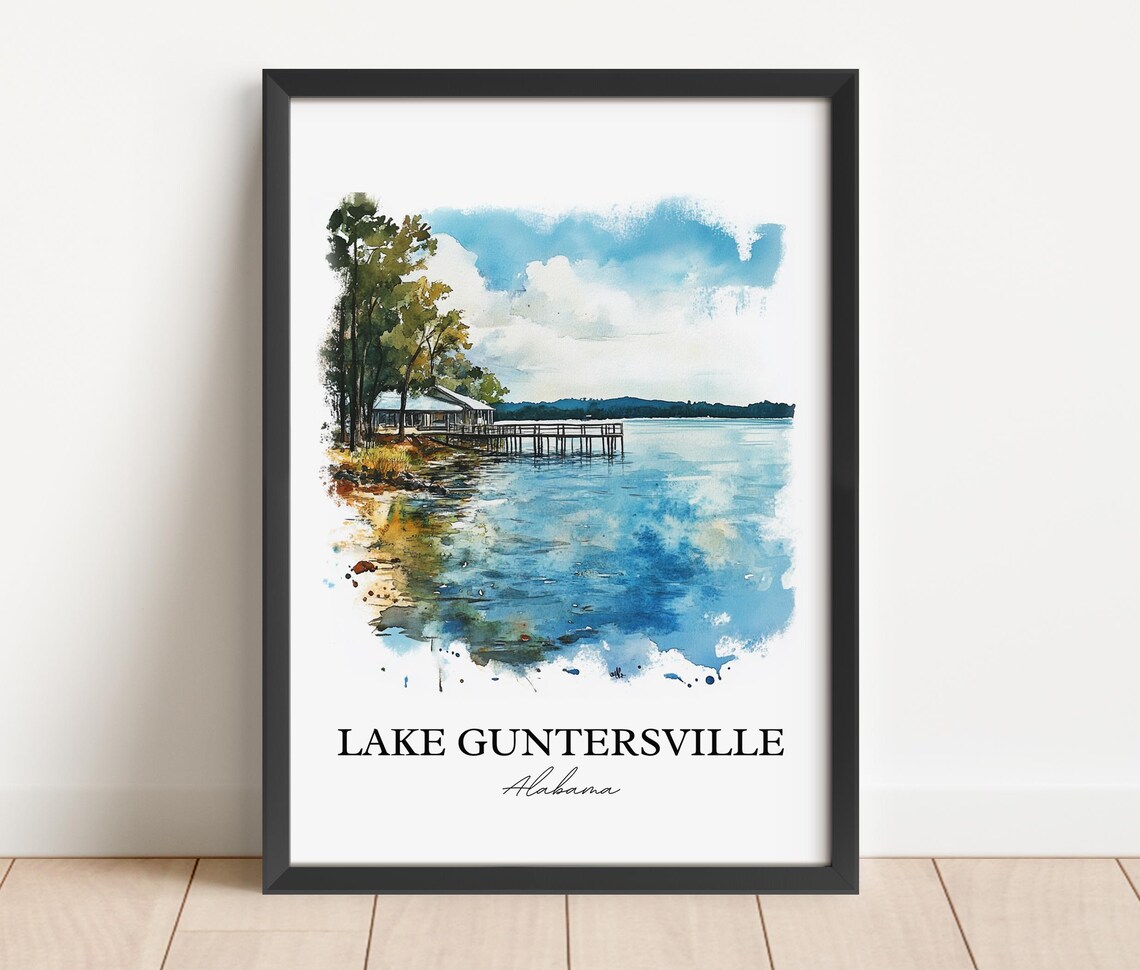 Lake Guntersville Alabama Pine Boathouse Dock Watercolor Poster - Image 2
