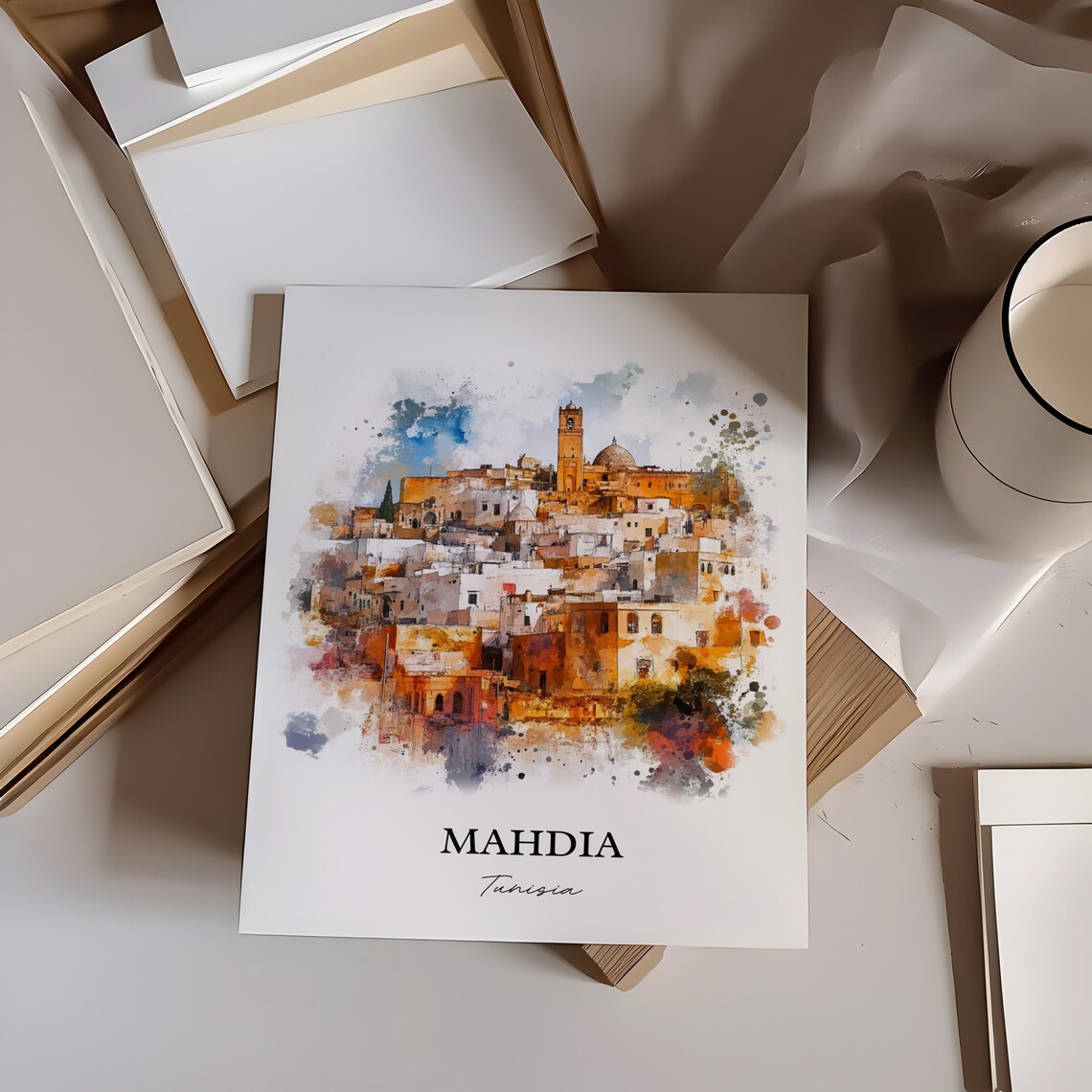 Mahdia Tunisia Historic Old Town Watercolor Souvenir Travel Poster - Image 2