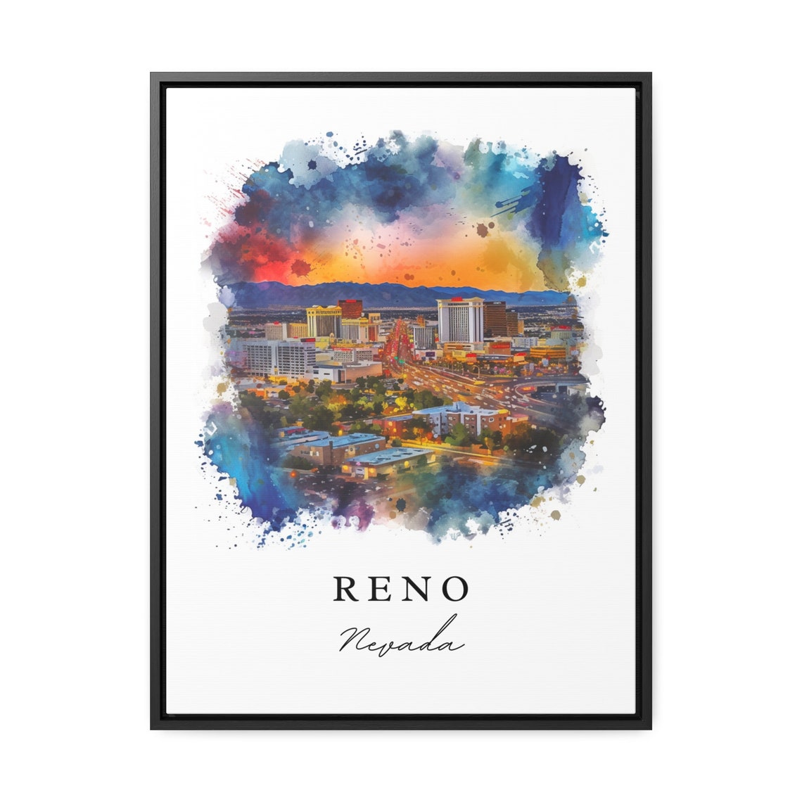 Reno Nevada Sunset Downtown Skyline Watercolor Travel Poster - Image 2