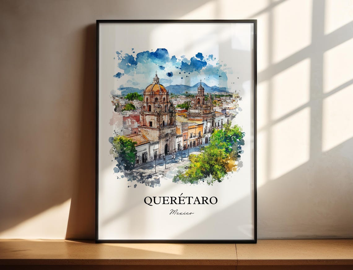 Querétaro Mexico Colonial Cathedral City Watercolor Art Poster