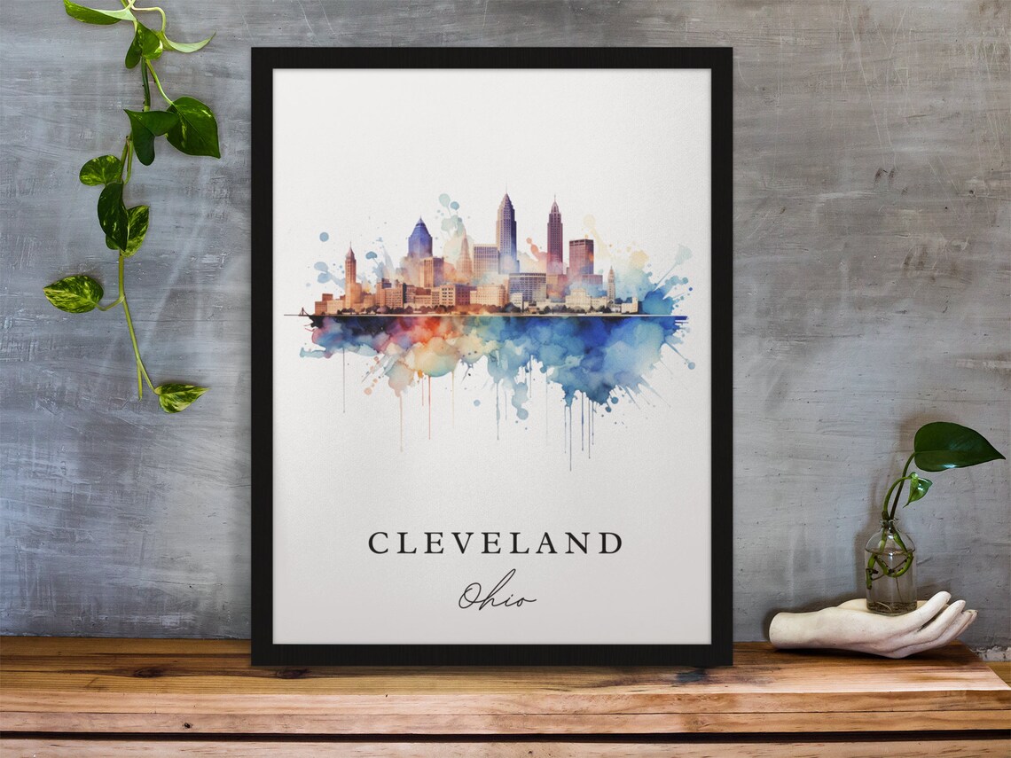 Cleveland Ohio Skyline Watercolor Cityscape Reflection Wall Poster