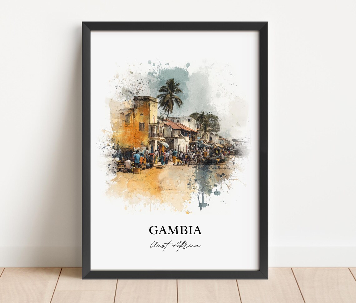 Gambia West Africa Palm Lined Market Street Watercolor Poster - Image 4