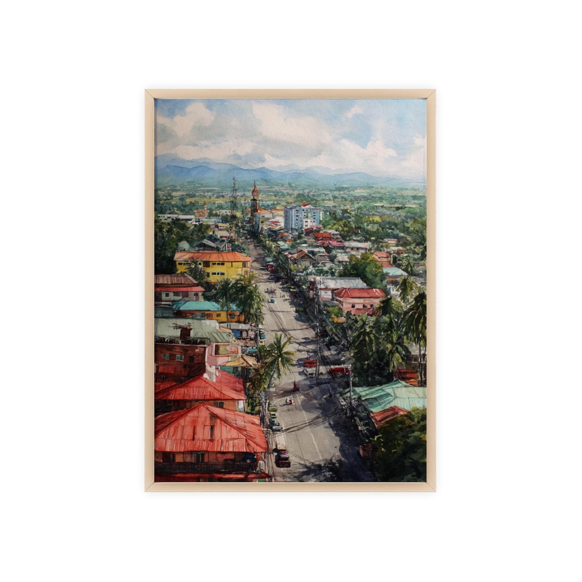 Tropical Town Red Roofs Aerial Street Watercolor Cityscape Poster