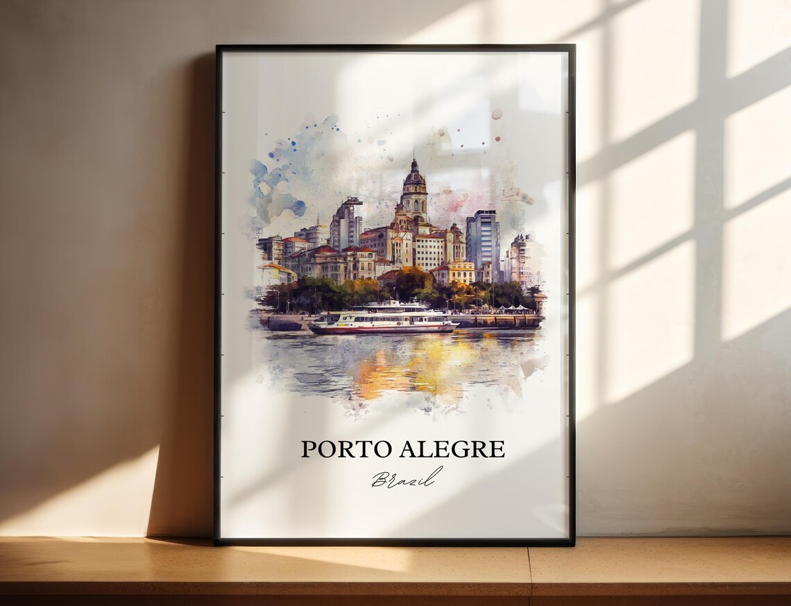 Porto Alegre Brazil Watercolor Cathedral River Boat Sunset Poster