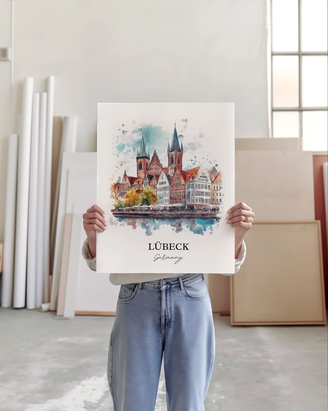 Lubeck Germany Harbor Church Spires Watercolor Travel Poster - Image 4