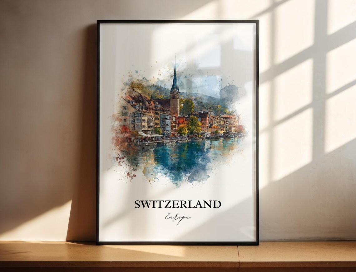 Switzerland Europe Lakeside Church Tower Watercolor Travel Poster