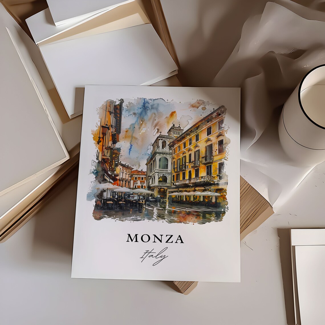Monza Italy Piazza Cafe Umbrellas Watercolor City Street Poster - Image 6