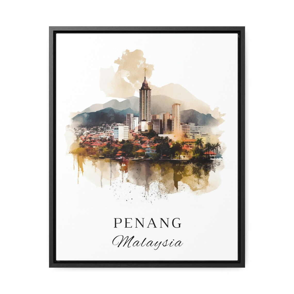 Penang Malaysia Watercolor Skyline Harbor Mountain View Poster