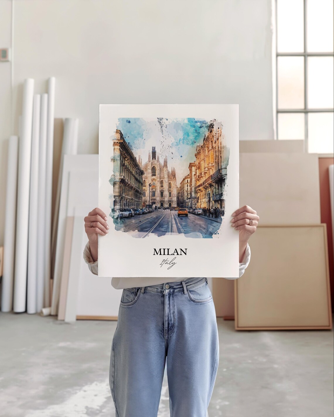 Milan Italy Watercolor Duomo Cathedral Street Scene Travel Poster - Image 4