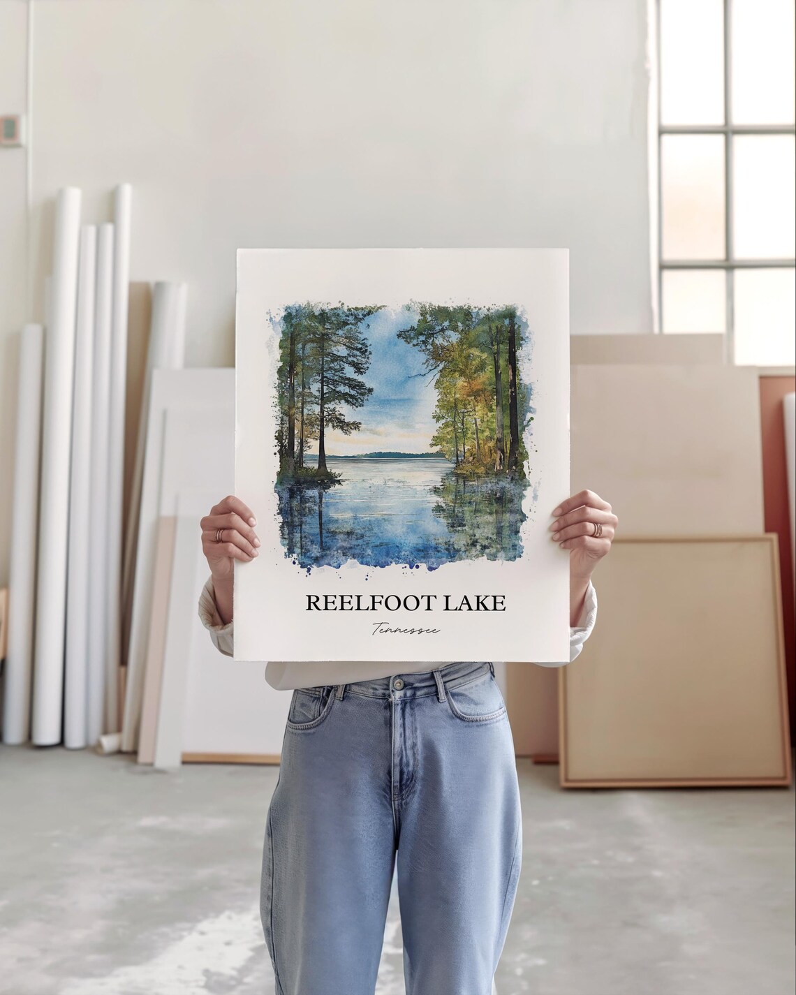 Reelfoot Lake Tennessee Cypress Trees Calm Water Watercolor Poster - Image 4