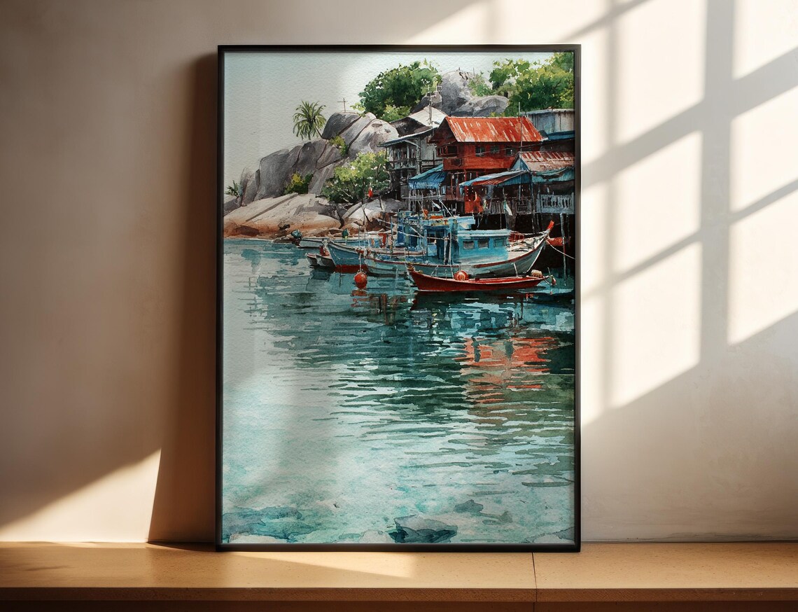 Koh Tao Thailand Harbor Boats Fishing Village Watercolor Wall Poster