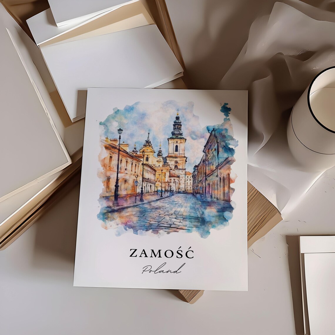 Zamosc Poland Historic Old Town Cobblestone Street Watercolor Poster - Image 6