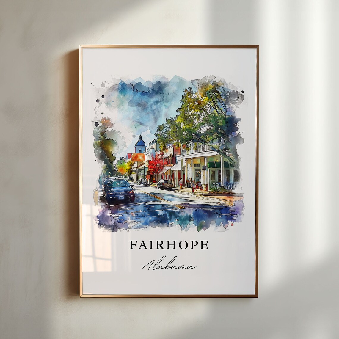 Fairhope Alabama Live Oak Downtown Street Scene Watercolor Poster