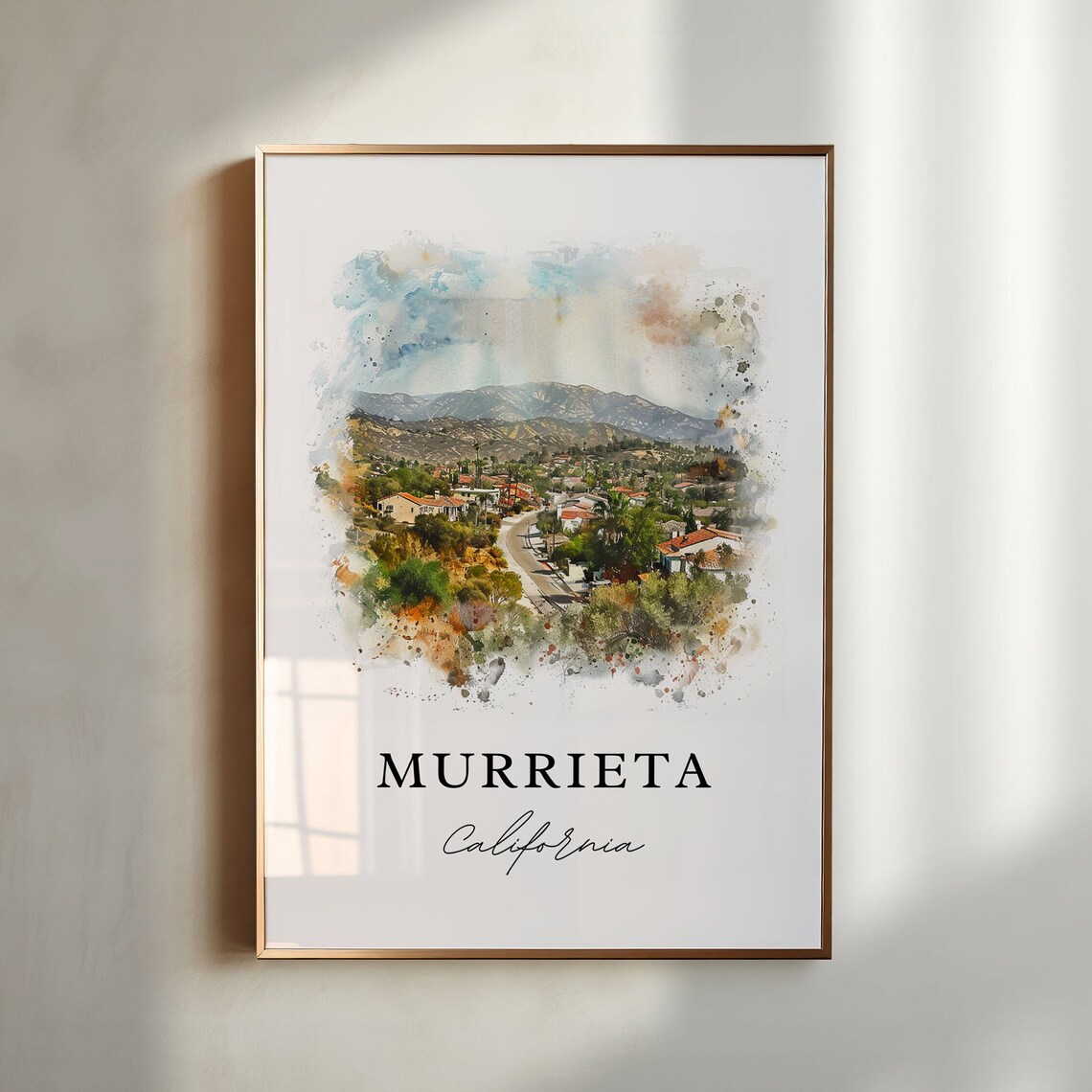 Murrieta California Watercolor Hillside Town Valley Scene Poster
