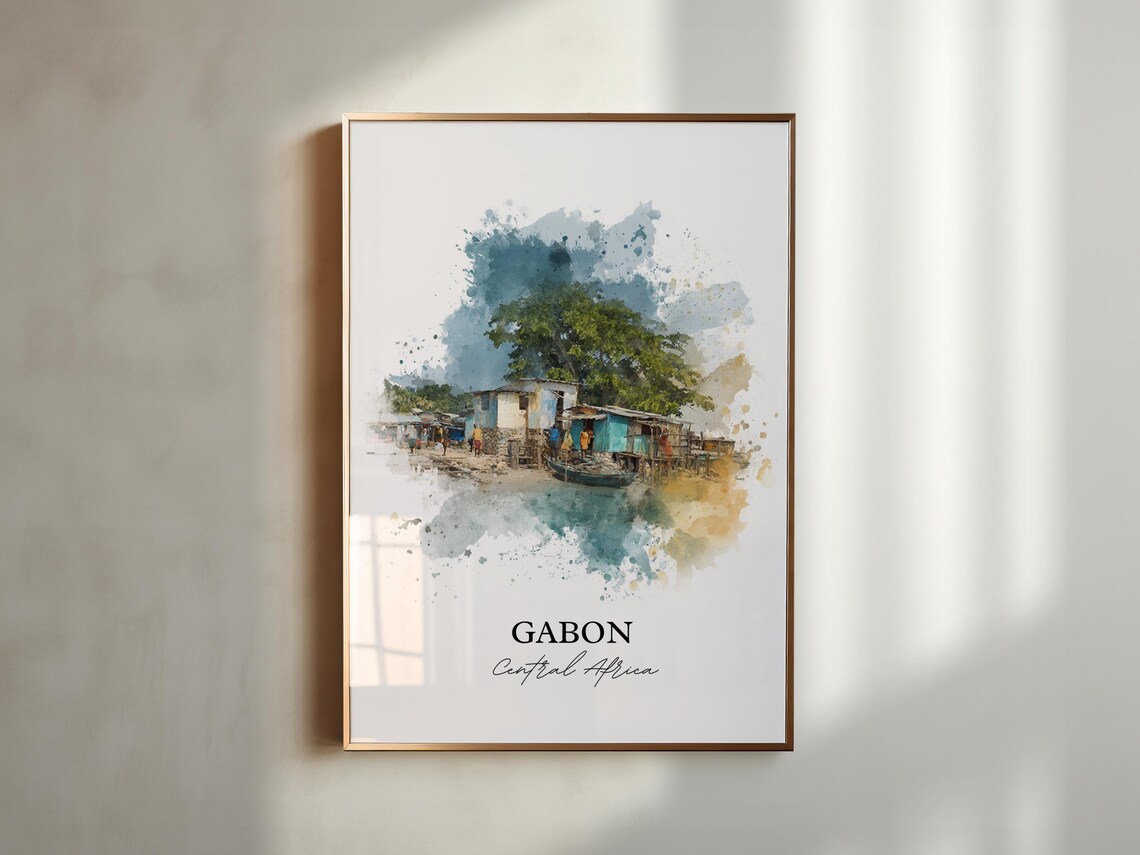 Gabon Central Africa Riverside Fishing Village Watercolor Poster - Image 3