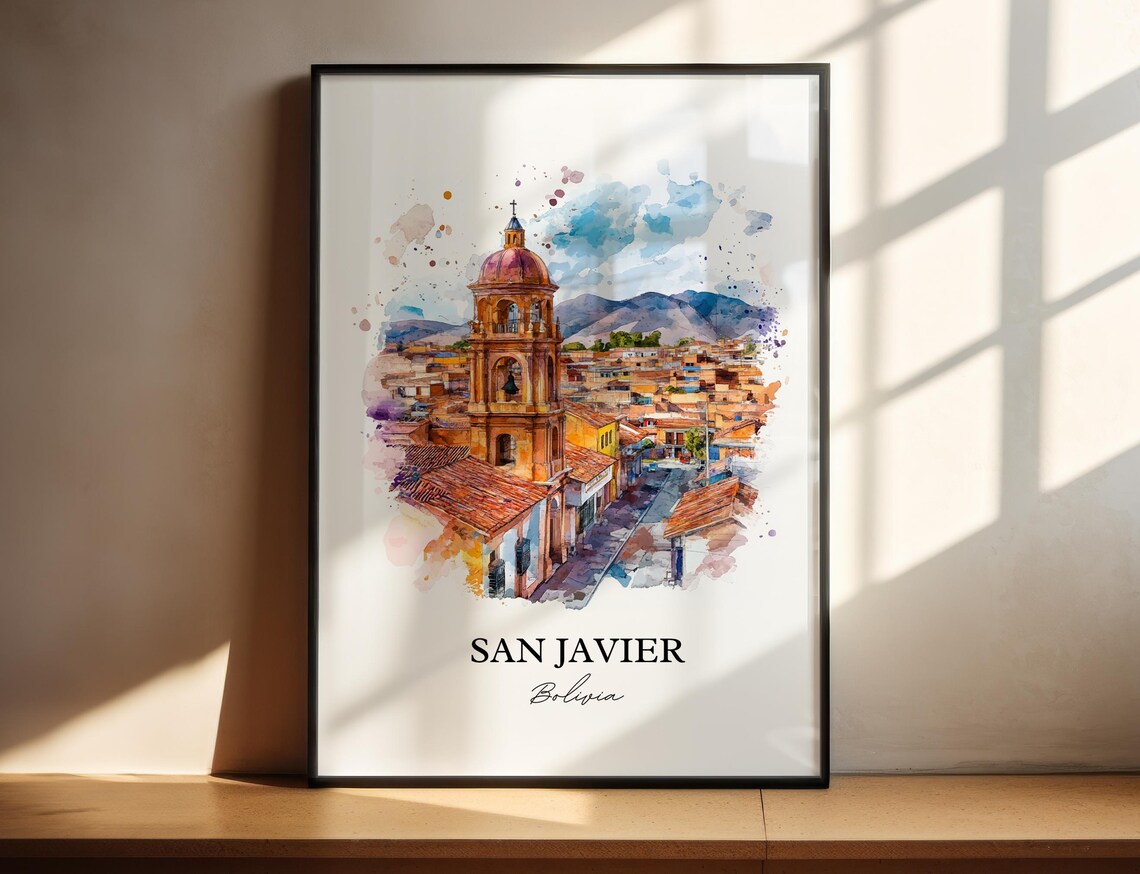 San Javier Bolivia Watercolor Historic Church Tower Town Poster