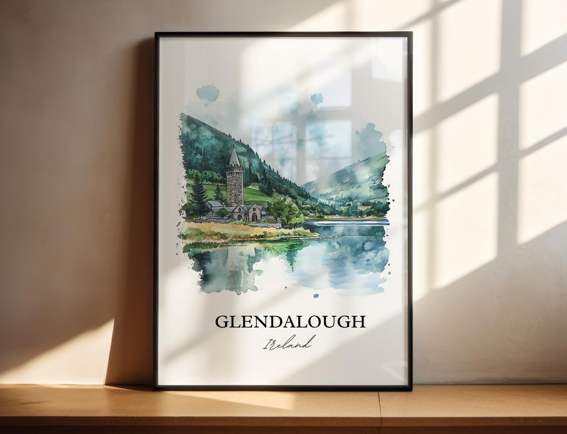Glendalough Ireland Round Tower Lake Watercolor Travel Poster