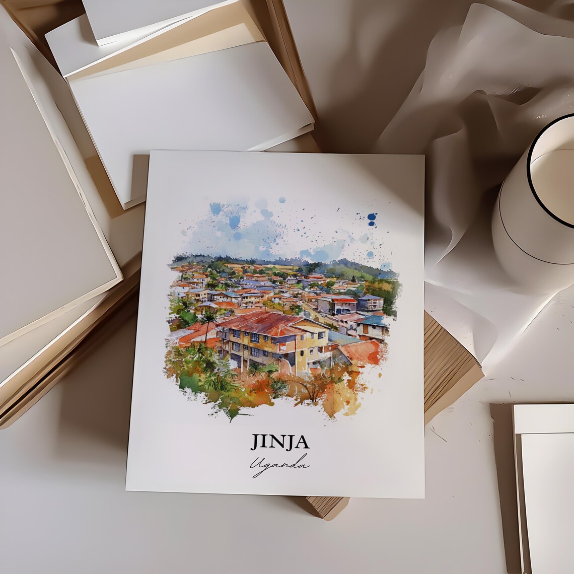 Jinja Uganda Hillside Town Aerial Watercolor Travel Art Poster - Image 5