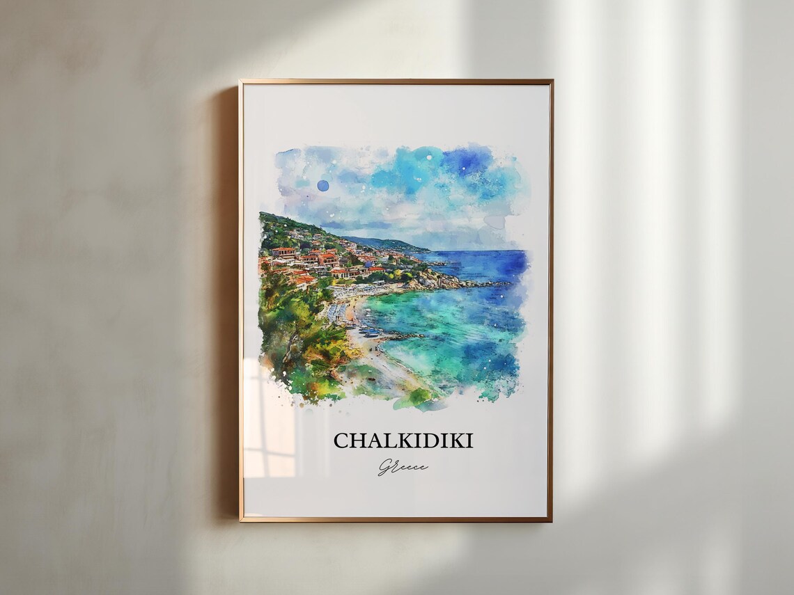 Chalkidiki Greece Coast Peninsula Beach Watercolor Travel Poster - Image 4