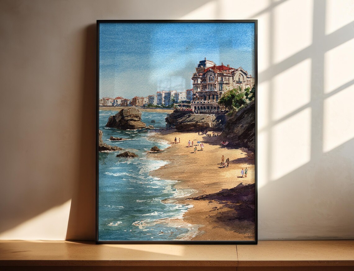 Grand Seaside Hotel Rocky Beach Watercolor Coastal Art Poster
